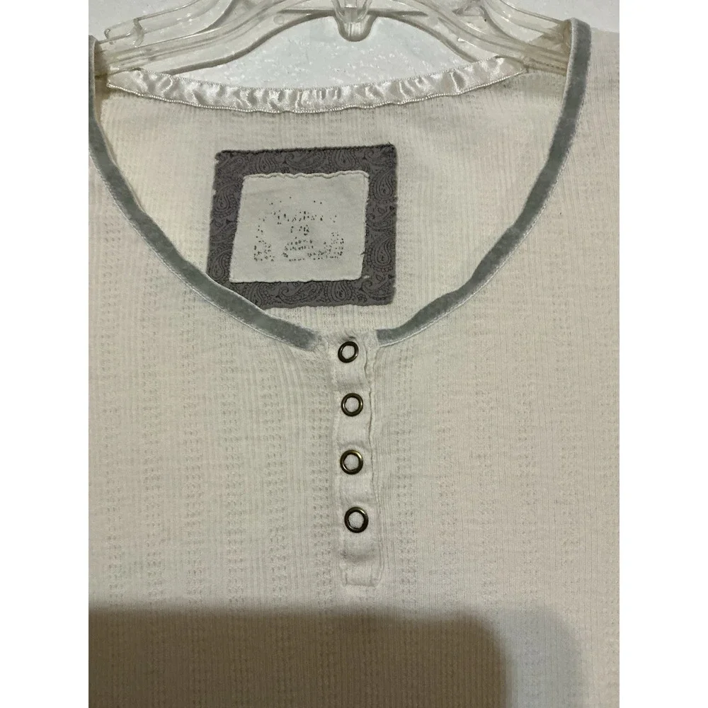 Henley Top Lace Ribbon Ivory Pointelle Ribbed Button Large Women's - Picture 4 of 8